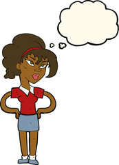 cartoon woman with hands on hips with thought bubble