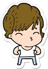 sticker of a cartoon woman thinking