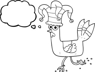 thought bubble cartoon chicken running in funny hat