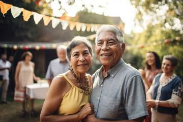 Portrait of Hispanic senior couple at family gathering outdoors in backyard. Generative AI.