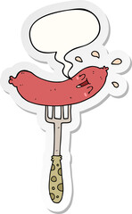 cartoon happy sausage on fork and speech bubble sticker