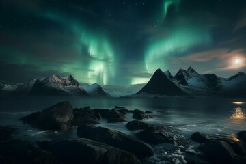 Obraz na płótnie Canvas A beautiful illustration of northern lights, mountains and sea landscape. Generative AI