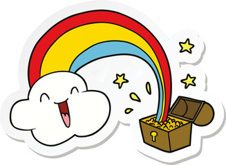 sticker of a cartoon rainbow and pot of gold