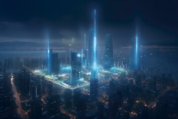 Fototapeta premium Future-Ready The Technological Skyline of a Smart City, Digital City, Futurestic City of New Era. Generative AI