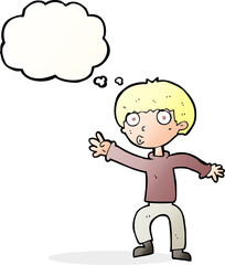 cartoon boy waving warning with thought bubble