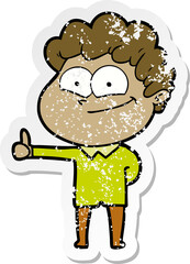 distressed sticker of a cartoon happy man