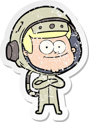 distressed sticker of a happy astronaut cartoon