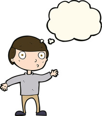 cartoon waving man with thought bubble
