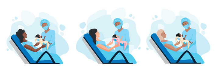 A pregnant woman gives birth to a child in a maternity hospital. Obstetrics and gynecology. Birth of a child. Thank you doctors and nurses. Set vector illustration on abstract minimalistic background.