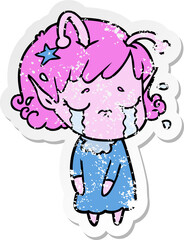 distressed sticker of a cartoon crying alien girl