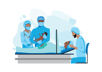 The doctor and nurses perform a caesarean section under epidural anesthesia. Surgery. Obstetrics and gynecology. Thanks to the doctors and nurses. Partner childbirth. Birth of a child. vector illustra