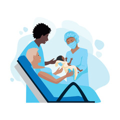 A pregnant woman gives birth to a baby in a maternity hospital. Partner childbirth. Thanks to the doctors and nurses. Vector  illustration on an abstract minimalistic background.
