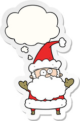 cartoon confused santa claus and thought bubble as a printed sticker