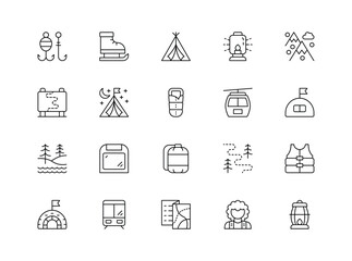 Set of summer camping trip, tourism or hiking outline icons. Line vector illustration. adventures 