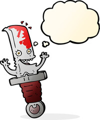 crazy cartoon knife character with thought bubble