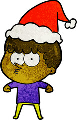 textured cartoon of a curious boy wearing santa hat