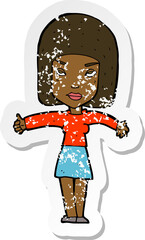 retro distressed sticker of a cartoon woman giving thumbs up symbol