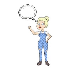 thought bubble cartoon woman in dungarees