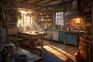 Interior of an Italian kitchen with sunlight shining in, generative AI