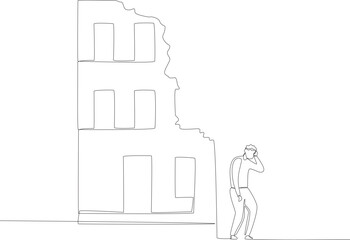 A man managed to get out of the house during the earthquake. Earthquake one-line drawing