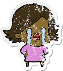 distressed sticker of a cartoon woman crying