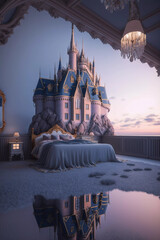 Interior of fairy bedroom of princess overlooking the royal castle with towers in the morning time, Generative AI. Fantasy pretty art can be use as backdrop for photo editing