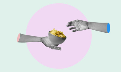 Creative art collage, the hand holding a plate of chips passes to the other hand.