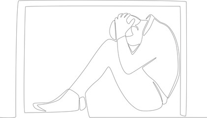 A man ducked his head in fear under the table. Earthquake one-line drawing