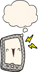 cute cartoon mobile phone and thought bubble in comic book style