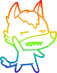 rainbow gradient line drawing cartoon wolf waving showing teeth