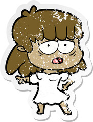distressed sticker of a cartoon tired woman