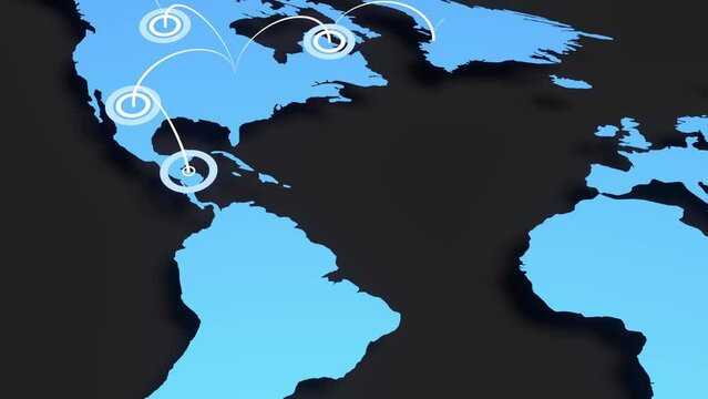 world map connection network 3d animation, can be used to represent worldwide traveling, exportations, pandemic infection or global telecommunications