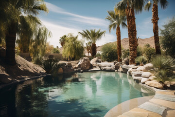 Fototapeta na wymiar summer time pool. beautiful desert landscaping, palm trees, generative ai 