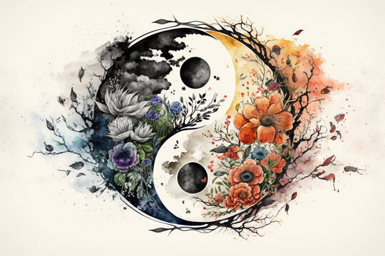 Floral ying yang symbol, watercolor meditation and mindfullnes lifestyle concept art, spiritual awerness, mental soul health, self care, healthy habit, relief generative ai