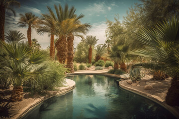 Obraz na płótnie Canvas summer time pool. beautiful desert landscaping, palm trees, generative ai 