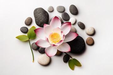Lotus flower with spa stones, relaxation massage concept elements
