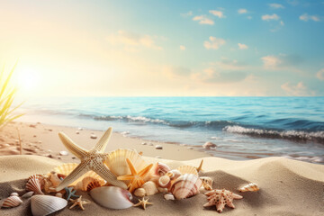 Fototapeta na wymiar Seashells on the beach created with AI