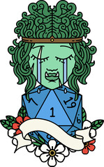 crying orc barbarian character face with natural one roll illustration