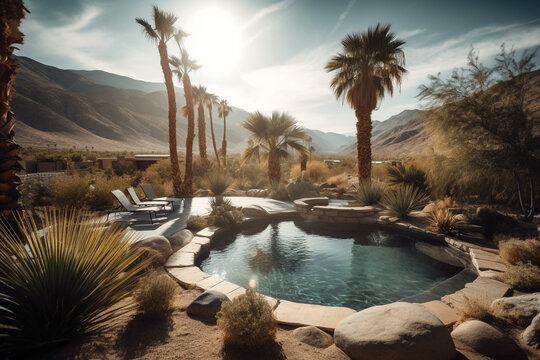 summer time pool. beautiful desert landscaping, palm trees, generative ai 
