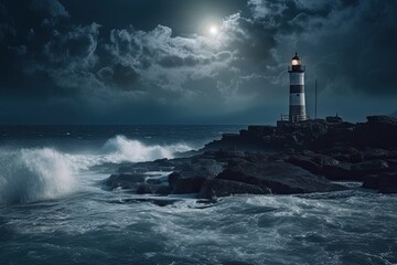 Fototapeta na wymiar Striking Lighthouse Beacon Amidst the Darkening Sea at Night: Captivating Ocean Landscape of Turbulent Storm Waves and a Majestic Full Moon: Generative AI