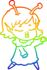 rainbow gradient line drawing cute alien girl cartoon
