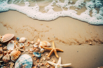 Fototapeta na wymiar Seashells on the beach created with AI