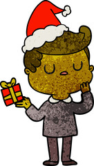 textured cartoon of a man wondering wearing santa hat