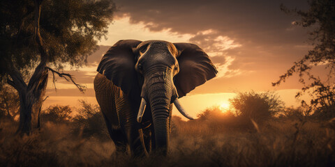 Elephant on sunset safari, tropical african landscape 
