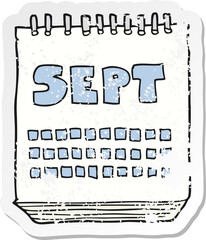 retro distressed sticker of a cartoon calendar showing month of September