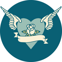 tattoo style icon of a heart with wings a rose and banner