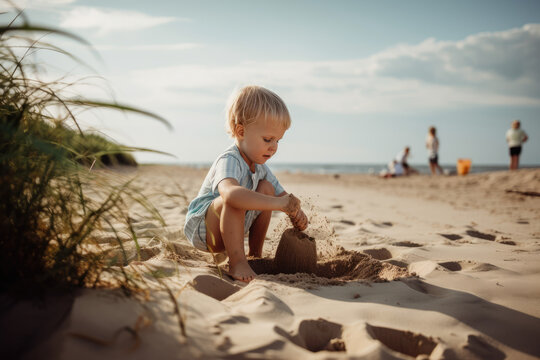 Summer portrait of child playing on the beach created with AI