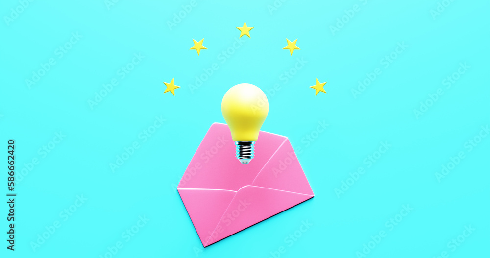 Poster star light bulb open envelope. invention solution ideas, brainstorming.3d rendering