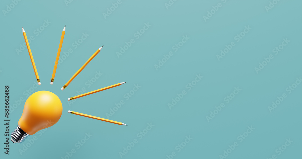 Poster light bulb and pencils. ideas invention brainstorming progress innovation.3d rendering