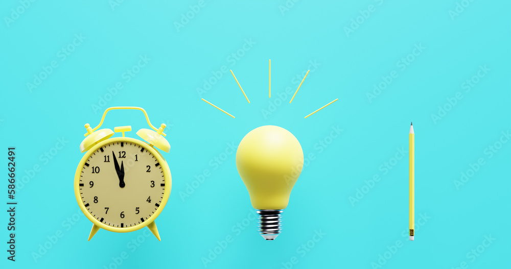 Poster light bulb alarm clock pencils. ideas invention brainstorming.3d rendering